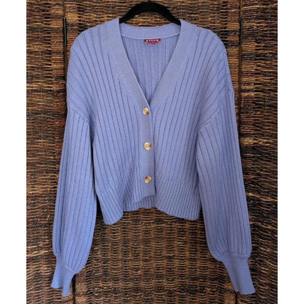 STAUD Lavender Ribbed V-Neck Cardigan with Gold Buttons